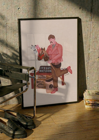 Coffee side hustle by Daukantė in a black frame leaning against a concrete wall by a steel chair