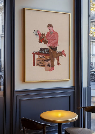 Coffee side hustle by Daukantė in an oak frame on a panelled café wall