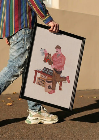 Coffee side hustle by Daukantė carried in a black frame along a sunny street