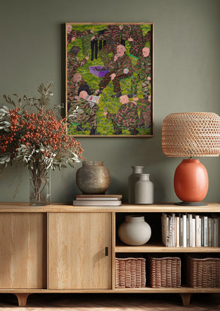 One way to stop hiccups is to poke the back of your throat with a cotton swab by Daukantė above a wooden sideboard on a sage green wall