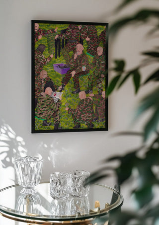 One way to stop hiccups is to poke the back of your throat with a cotton swab by Daukantė in a black frame above a glass table with crystal glassware