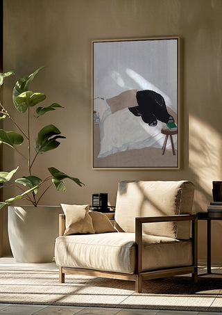 Dream department by Jaron Su framed above a beige armchair beside a potted plant