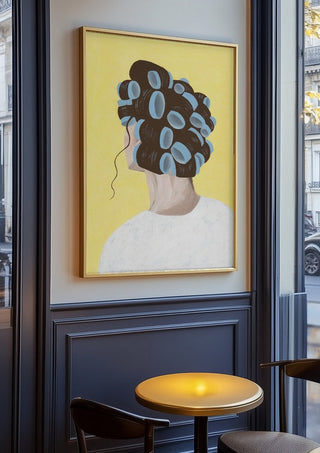 Different solution by Jaron Su in an oak frame on a panelled café wall