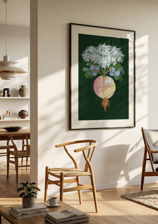 Absolutely confused by Jaron Su in a black frame in a bright dining room with wooden chairs