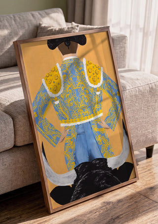 Butt fighter by Jaron Su in a walnut frame leaning against a grey sofa