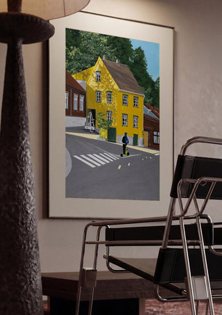 Low sun forever by Jaron Su framed in a dim room beside a tubular steel chair