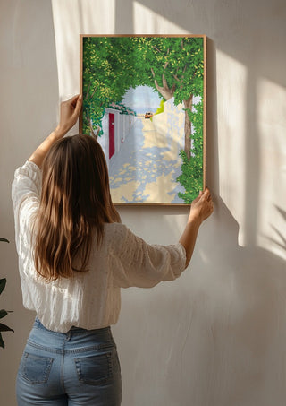 Story of light by Jaron Su being hung on a sunlit wall