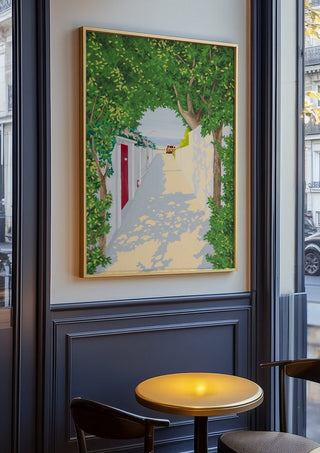 Story of light by Jaron Su in an oak frame on a panelled café wall
