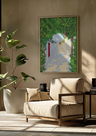 Story of light by Jaron Su framed above a beige armchair beside a potted plant