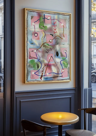 Dreaming The White Dots by Art Guveau in an oak frame on a panelled café wall
