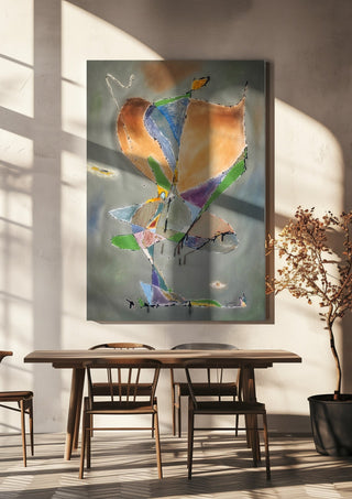Butterfly by Art Guveau hanging above a wooden dining table in warm sunlight