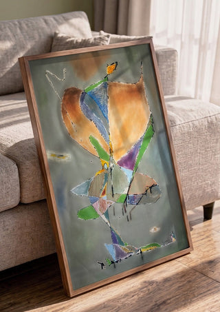 Butterfly by Art Guveau in a walnut frame leaning against a grey sofa