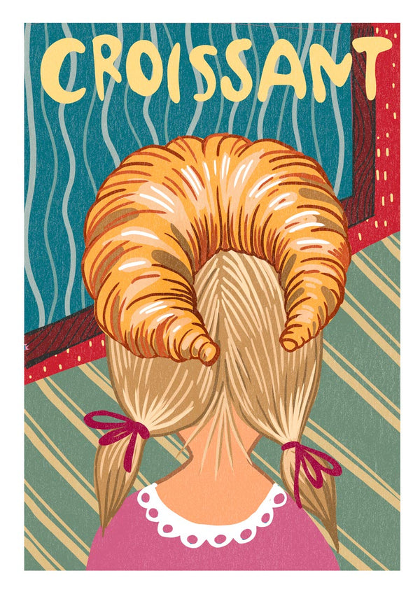 Illustration of a girl with blonde pigtails styled to resemble a large croissant, with "CROISSANT" above her head.