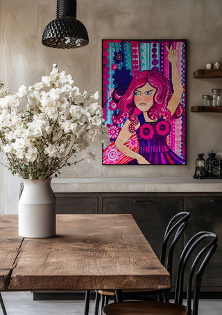 Octopus dancing queen by ALEX in a black frame above a rustic table with white flowers