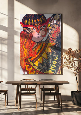 The Eagles by ALEX hanging above a wooden dining table in warm sunlight