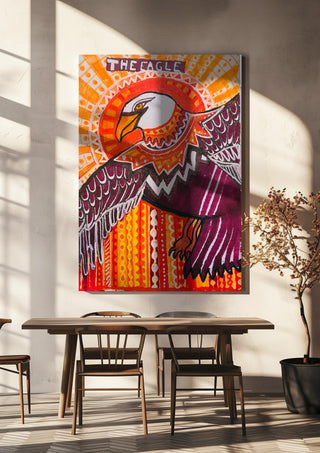 Eagle in the sky by ALEX hanging above a wooden dining table in warm sunlight
