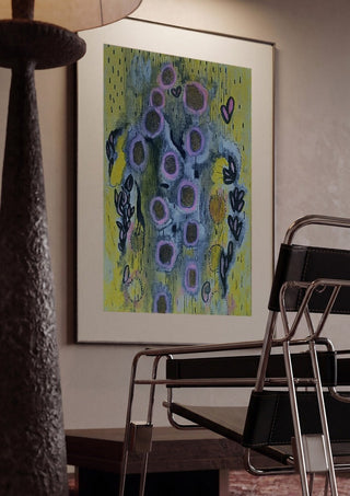 Summer rain by Alice Ruja framed in a dim room beside a tubular steel chair