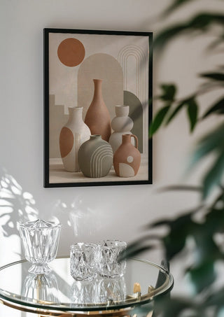 Boho Ceramic Vases & Botanical Abstract Design – Terracotta Sun by TimlessArtworks in a black frame above a glass table with crystal glassware