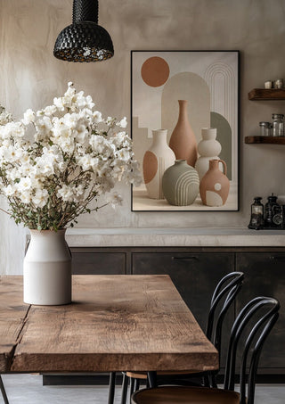Boho Ceramic Vases & Botanical Abstract Design – Terracotta Sun by TimlessArtworks in a black frame above a rustic table with white flowers
