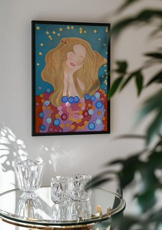 The dreamer by Gerard Ceulemans in a black frame above a glass table with crystal glassware