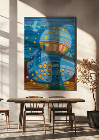 Once upon a blue moon by Gerard Ceulemans hanging above a wooden dining table in warm sunlight