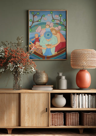 Family boat trip by Gerard Ceulemans above a wooden sideboard on a sage green wall