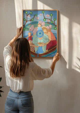 Family boat trip by Gerard Ceulemans being hung on a sunlit wall