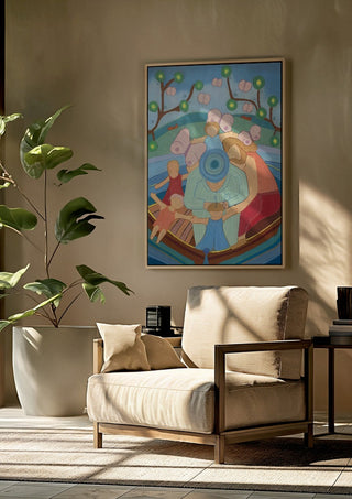 Family boat trip by Gerard Ceulemans framed above a beige armchair beside a potted plant
