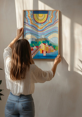 Tomar by day by Gerard Ceulemans being hung on a sunlit wall