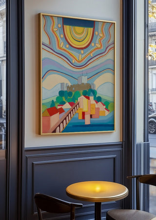 Tomar by day by Gerard Ceulemans in an oak frame on a panelled café wall