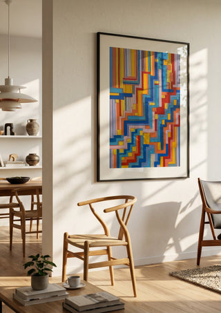 Up the steps by Gerard Ceulemans in a black frame in a bright dining room with wooden chairs