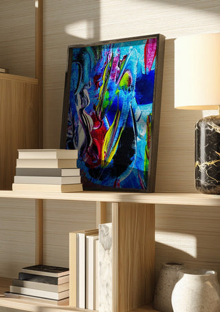 Abstract in perfection 2 by Walter Zettl in a dark frame on a wooden shelf beside books and a lamp