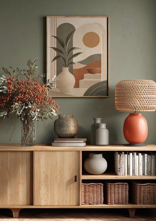 Bohemian Botanical Harmony – Terracotta & Sage Green by TimlessArtworks above a wooden sideboard on a sage green wall