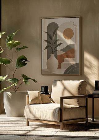 Bohemian Botanical Harmony – Terracotta & Sage Green by TimlessArtworks framed above a beige armchair beside a potted plant