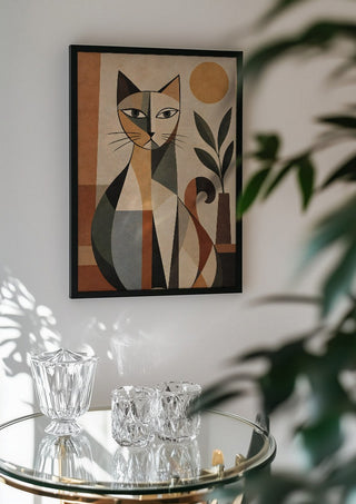 Bohemian Geometric Cat – Terracotta, Botanical & Earthy Forms by TimlessArtworks in a black frame above a glass table with crystal glassware