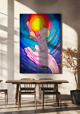 Cosmic Visions 2 by Walter Zettl hanging above a wooden dining table in warm sunlight