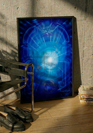 Scorpio zodiac sign by Walter Zettl in a black frame leaning against a concrete wall by a steel chair