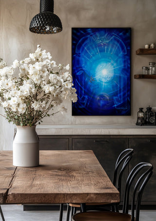 Scorpio zodiac sign by Walter Zettl in a black frame above a rustic table with white flowers