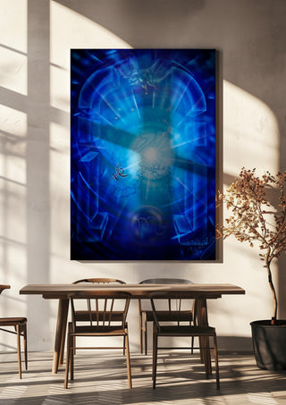Scorpio zodiac sign by Walter Zettl hanging above a wooden dining table in warm sunlight