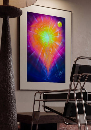 Zodiac Sign Sagittarius by Walter Zettl framed in a dim room beside a tubular steel chair