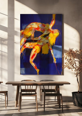 Two Figures in Blue by René J hanging above a wooden dining table in warm sunlight