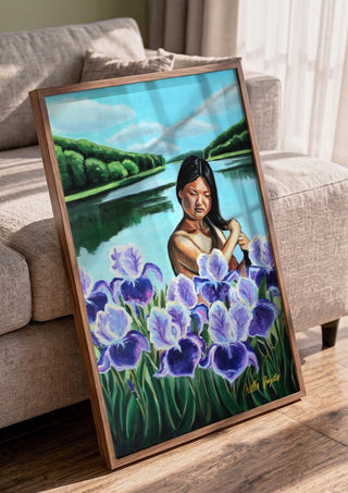 Awakening by Nella Hajdu in a walnut frame leaning against a grey sofa
