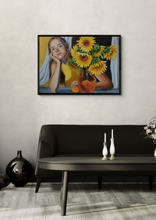 Summer Daydream by Nella Hajdu framed above a dark sofa beside a candlestick and a vase
