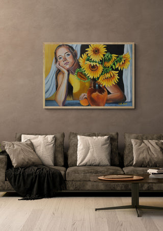 Summer Daydream by Nella Hajdu in a light wood frame above a grey sofa with cushions