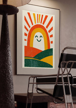 Sunrise Arch by Decker Studios framed in a dim room beside a tubular steel chair