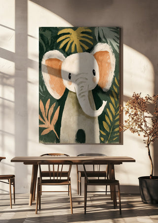 Jungle Elephant by Decker Studios hanging above a wooden dining table in warm sunlight