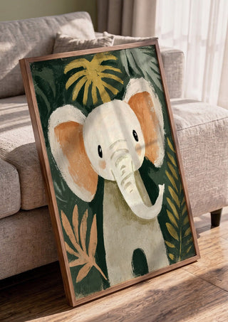 Jungle Elephant by Decker Studios in a walnut frame leaning against a grey sofa