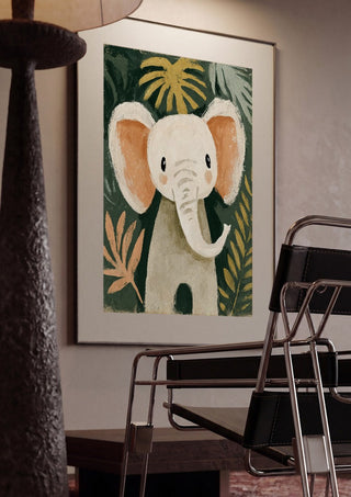 Jungle Elephant by Decker Studios framed in a dim room beside a tubular steel chair