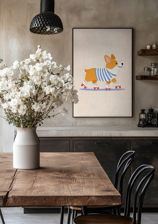 Corgi on Roller Skates by Decker Studios in a black frame above a rustic table with white flowers