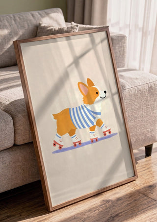 Corgi on Roller Skates by Decker Studios in a walnut frame leaning against a grey sofa